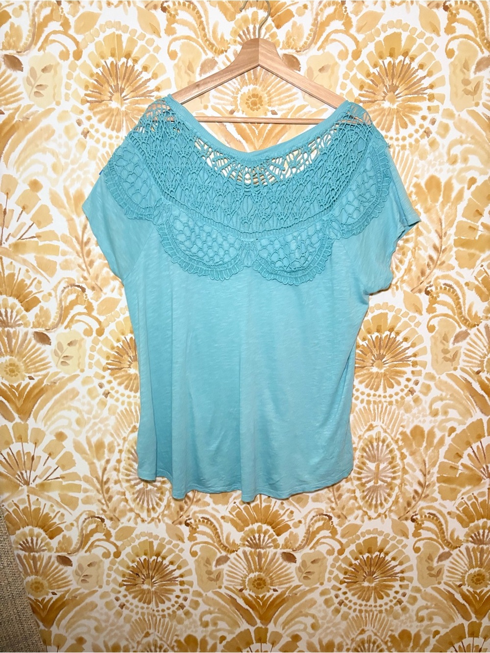 Aqua Crochet Lace Top | Boho Coastal Blouse | Short Sleeve Boutique Tee - Picture 6 of 11